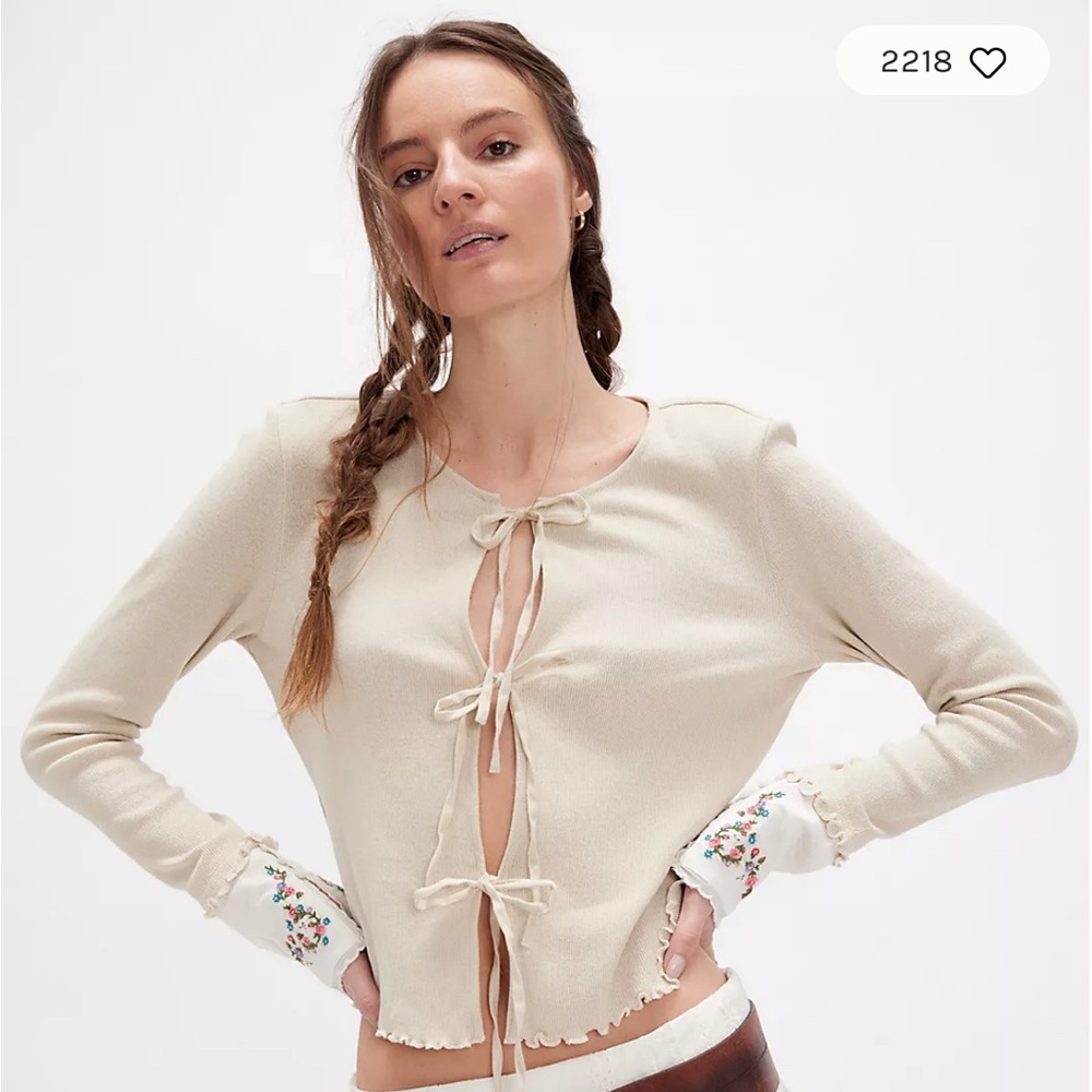 Free People Light Beige Tie-Front Top with Floral Cuffs